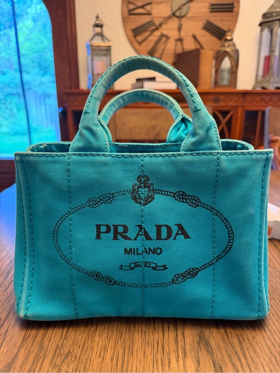 Prada Handbags - PRADA Canapa Mini Canvas Logo Tote Bag Light Blue/Turquoise